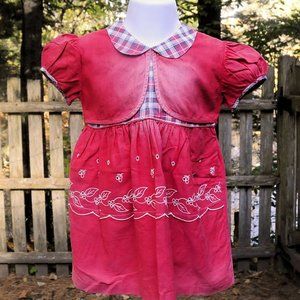 VTG 60's Girls Red Cotton & Plaid School Dress Size 12/18M Eyelet Floral Design